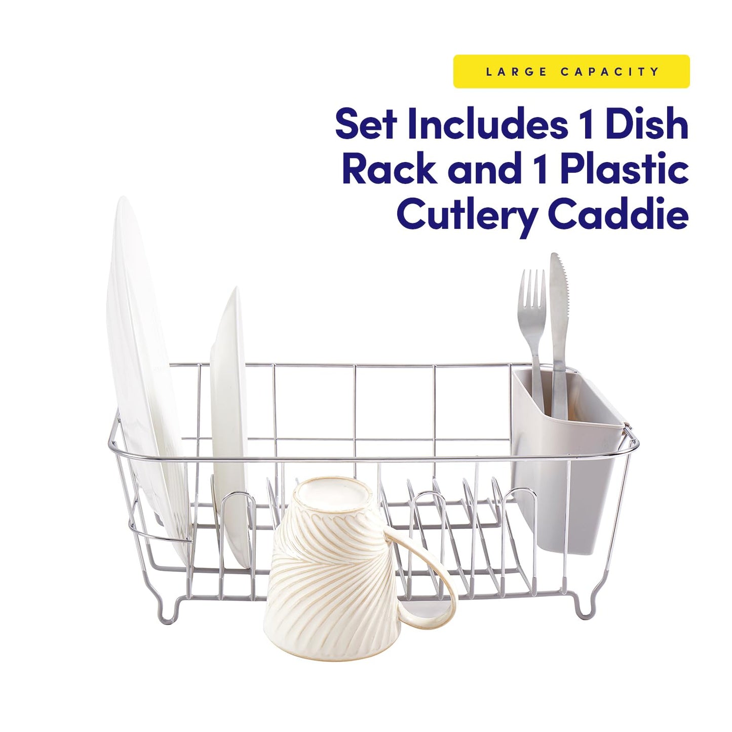 Dish Drying Rack & Cutlery Holder 2 Piece Set - Compact Sink-Fitting Dish Drainer with Rubberized Undercoating, Space-Saving Kitchen Organizer for Plates, Cups, Bowls & Utensils In Sink