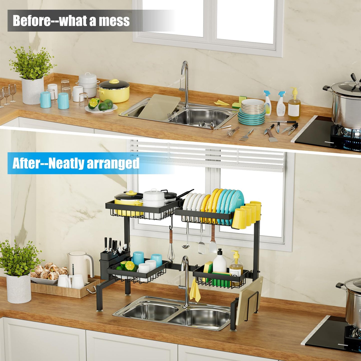 2-Tier 4 Baskets］Over The Sink Dish Drying Rack, 24.8"-35.4", Large Sink Rack for Kitchen, Extensible and Adjustable, Saving Kitchen Space