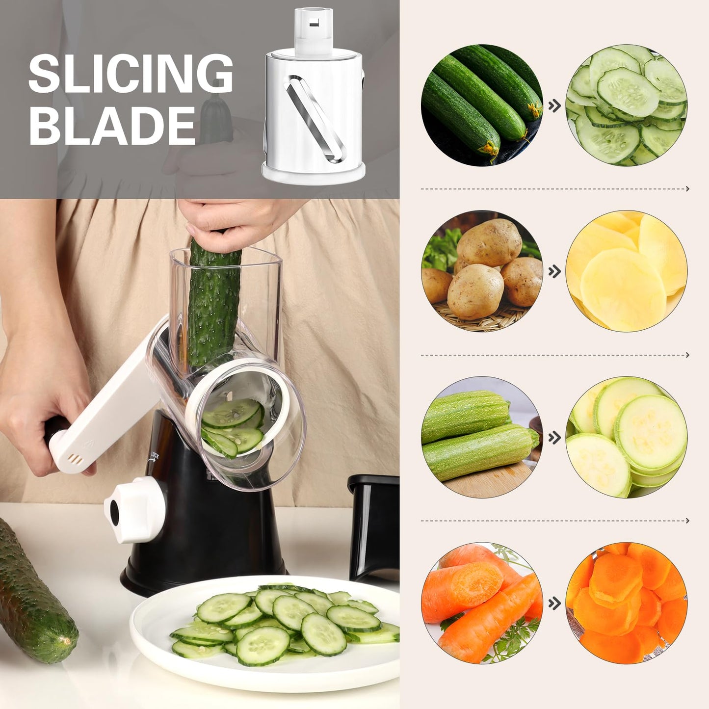 Rotary Cheese Grater Hand Crank Cheese Shredder for Fresh Cheese, Vegetable, Nuts,Non-slip Suction Base, Free Cleaning Brush Three Blades