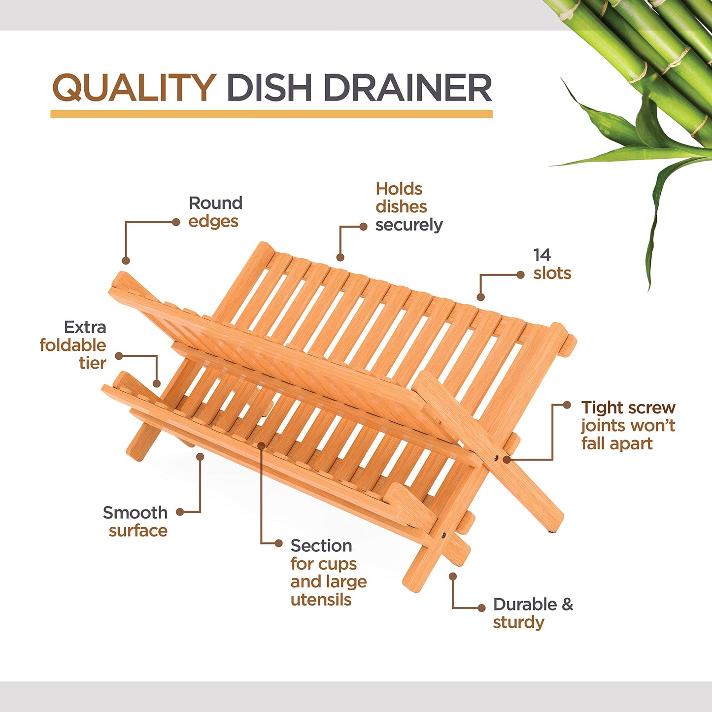 Dish Drying Rack - Collapsible 2-Tier Bamboo Dish Rack for Kitchen Counter, Wooden Dish Drainer with Foldable Space-Saving Design - Drying Rack for Dishes, Plates, and Cups - Housewarming Gift