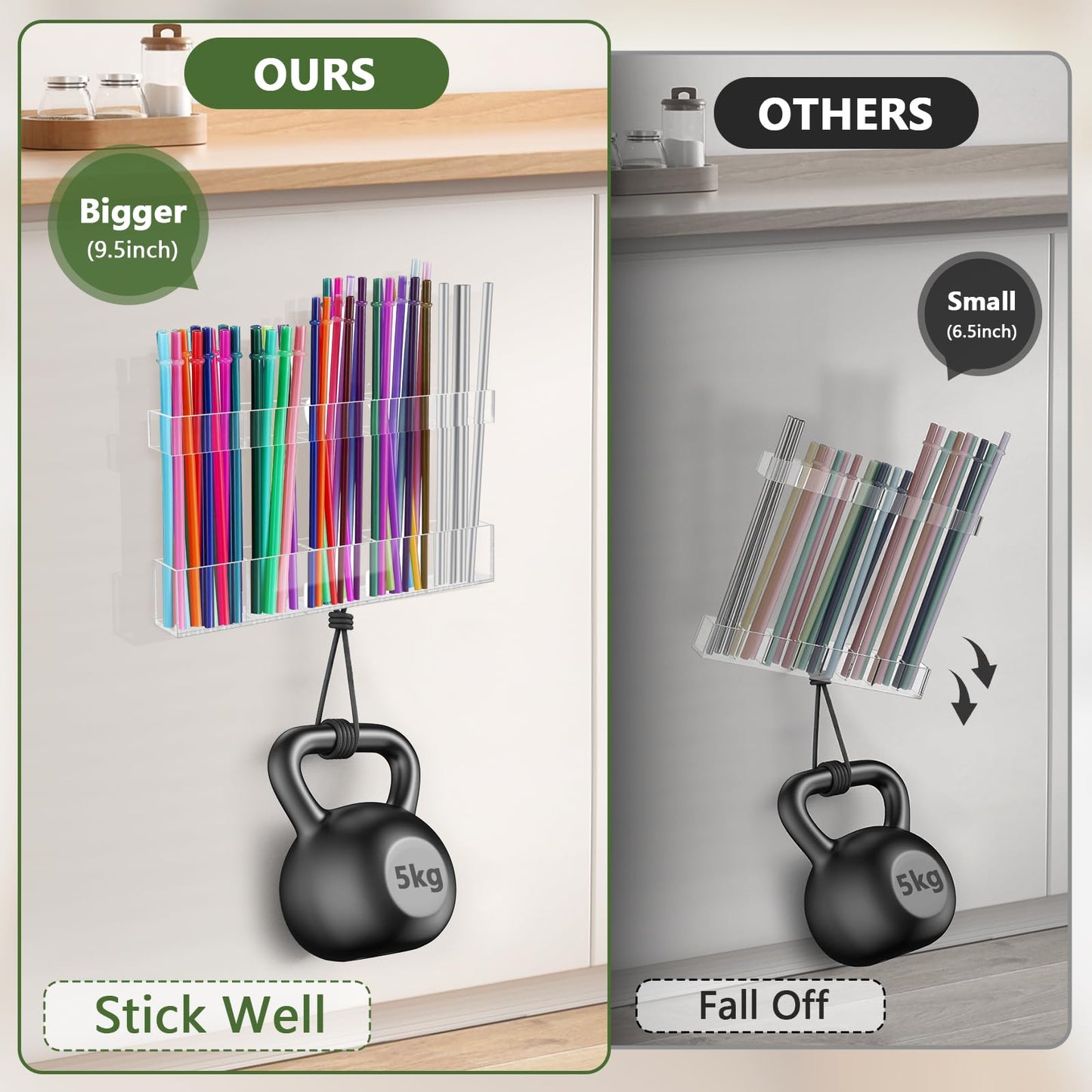 9.5” Large Acrylic Straw Holder for Cabinet Door - Reusable Tumbler Straw Organizer Storage, Small Kitchen Accessories Container, Ultra Sticky Cupboard Door Mounted