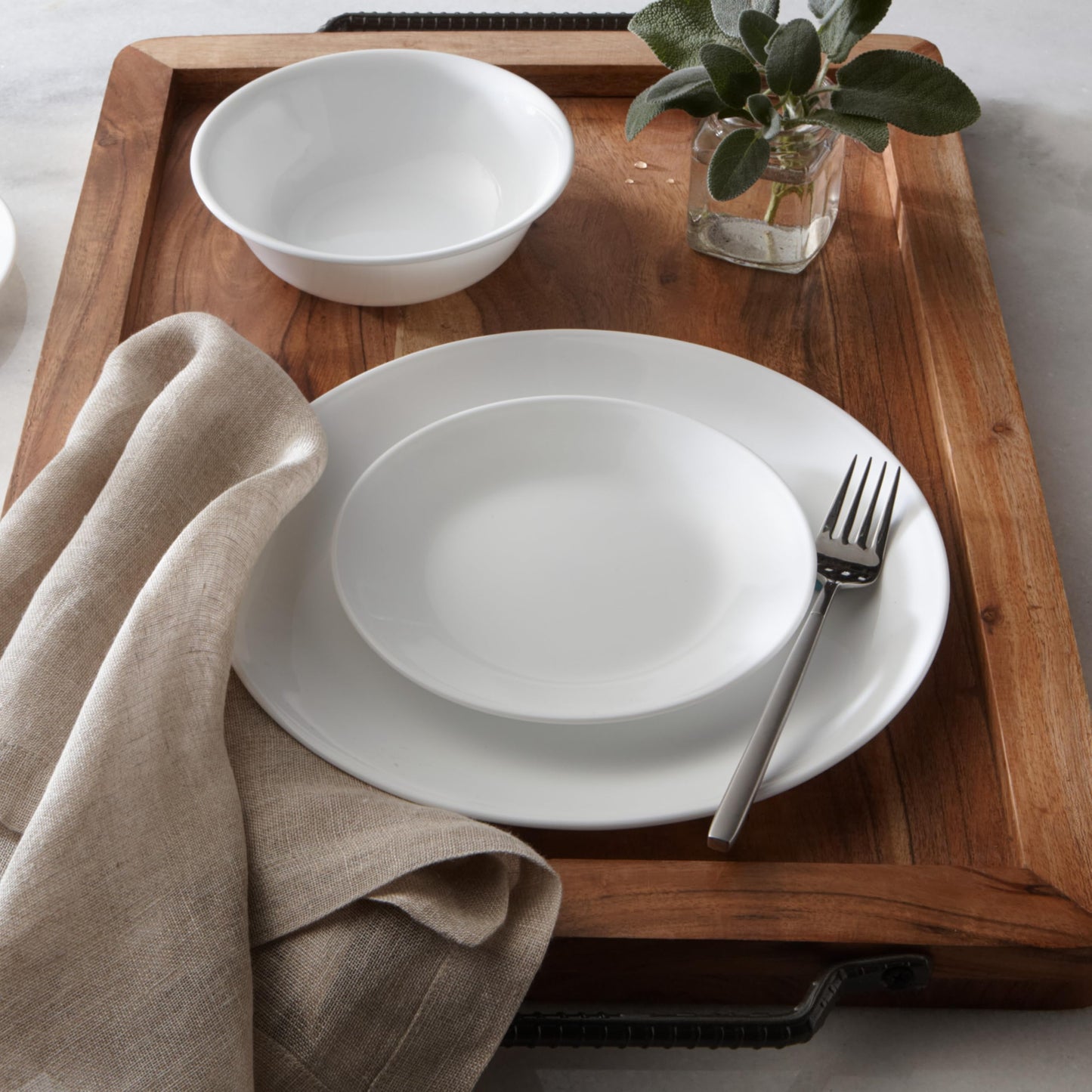 Vitrelle 18-Piece Service for 6 Dinnerware Set Triple Layer Glass and Chip Resistant, Lightweight Round Plates and Bowls Set, Winter Frost White