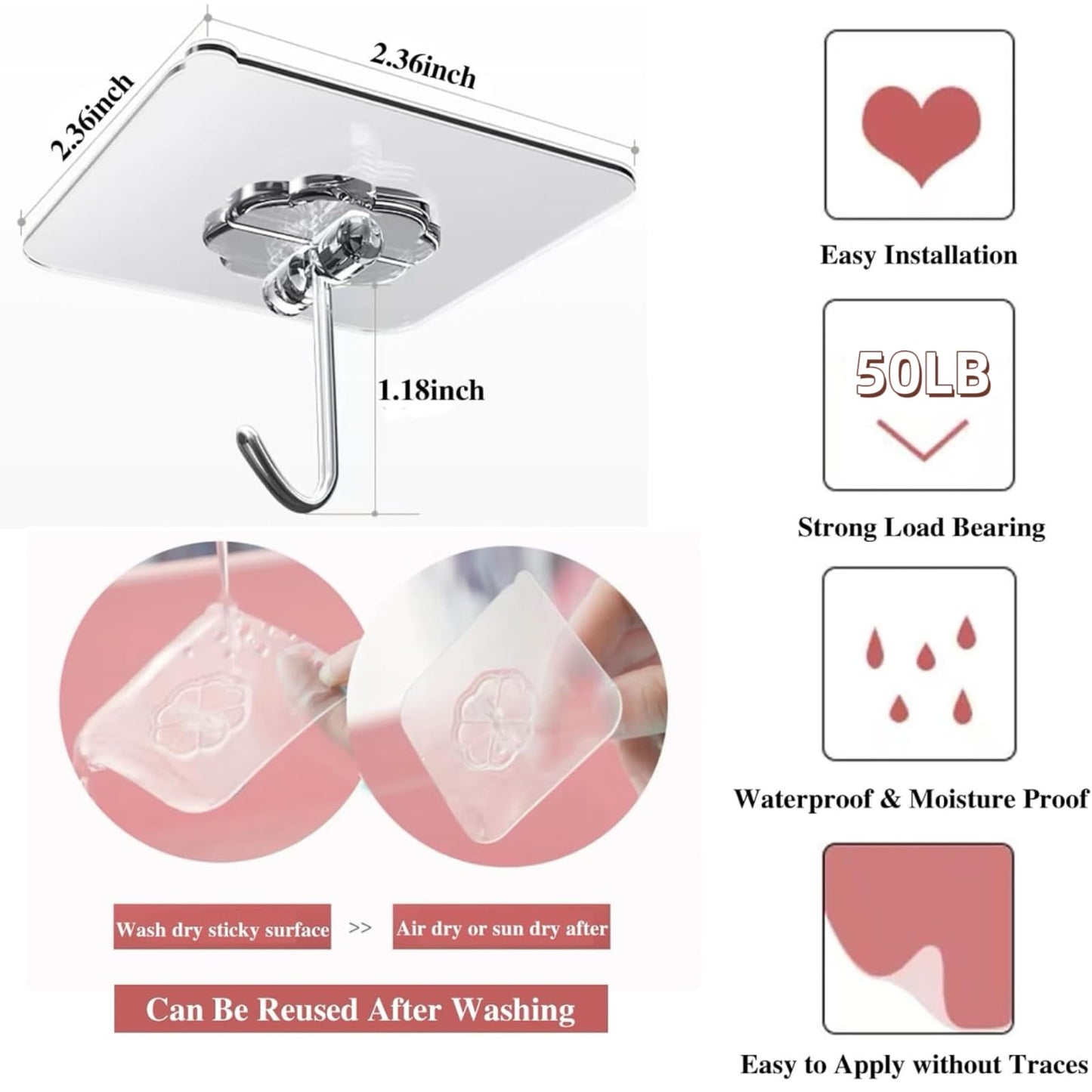 24 Packs Hooks for Hanging 50lb Wall Hooks Transparent Reusable Waterproof Adhesive Hook for Kitchen Curtain, Towel Hook for Bathrooms, Heavy Duty Self Coat Hook for Walls No Damage