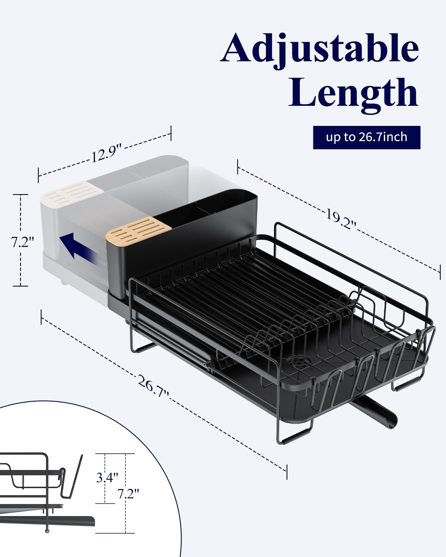 Large Dish Drying Rack - Extendable Dish Rack, Multifunctional Dish Rack for Kitchen Counter, Anti-Rust Dish Drainers with Cutlery & Cup Holders 19.2"-26.7" L x 12.9" W