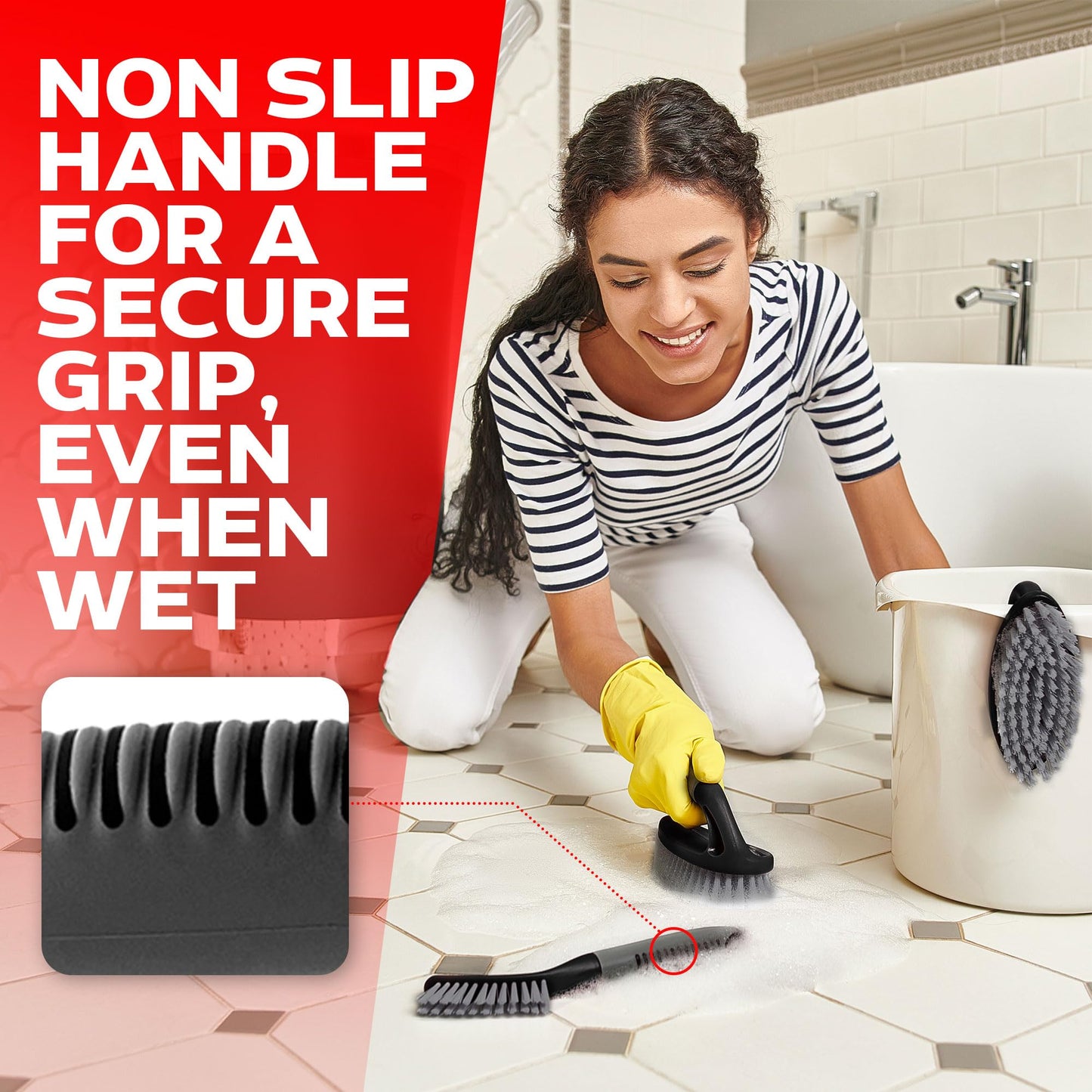 Scrub Brush Set of 3pcs - Cleaning Shower Scrubber with Ergonomic Handle and Durable Bristles - Grout Cleaner Brush - Scrub Brushes for Cleaning Bathroom/Shower/Tile/Kitchen/Floor/Bathtub/Carpet