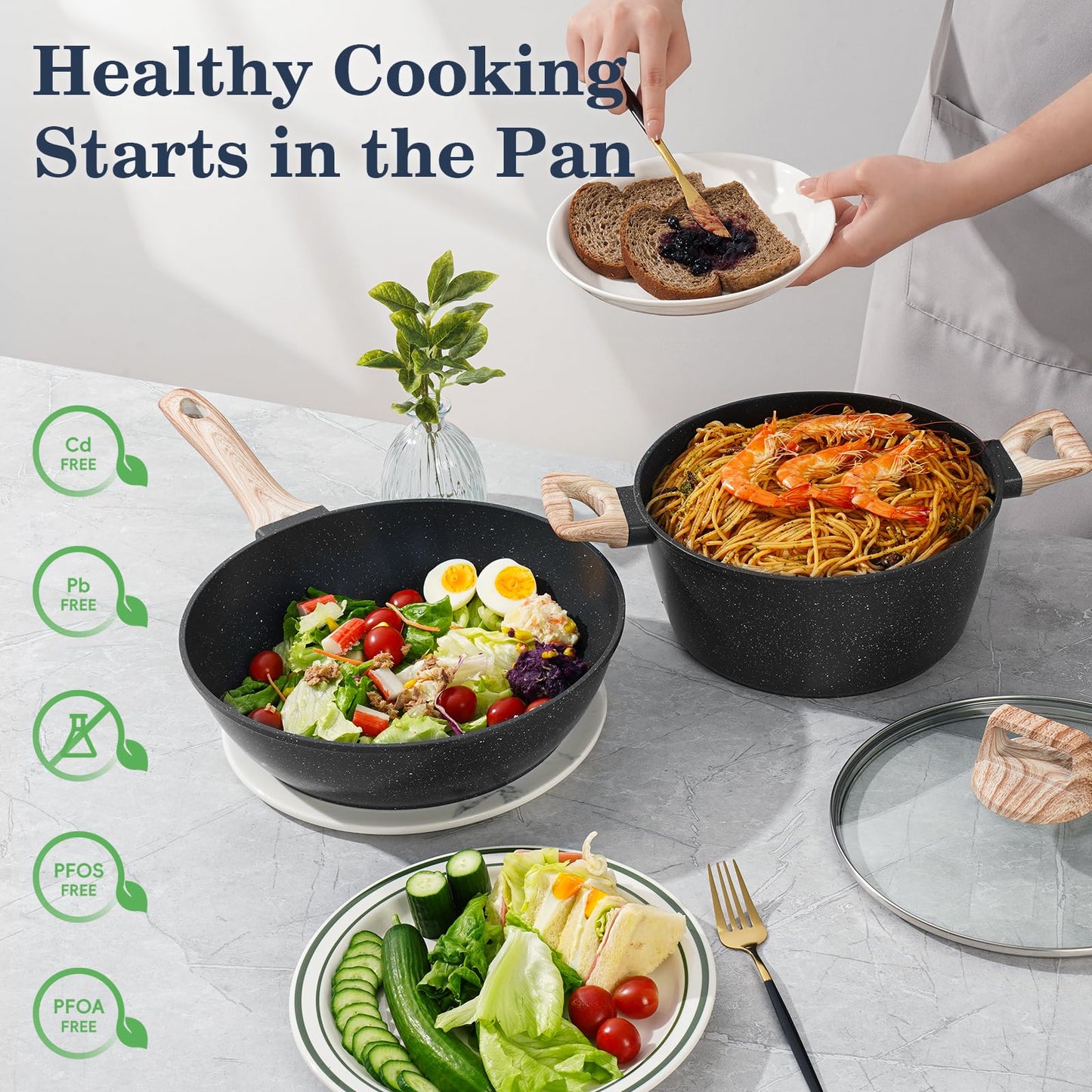 12 Pcs Pots and Pans Set, Nonstick Cookware Sets Black Granite Induction Cookware, Non-toxic Healthy Non Stick Kitchen Cooking Set with Frying Pans Set, Saucepans,Steamer