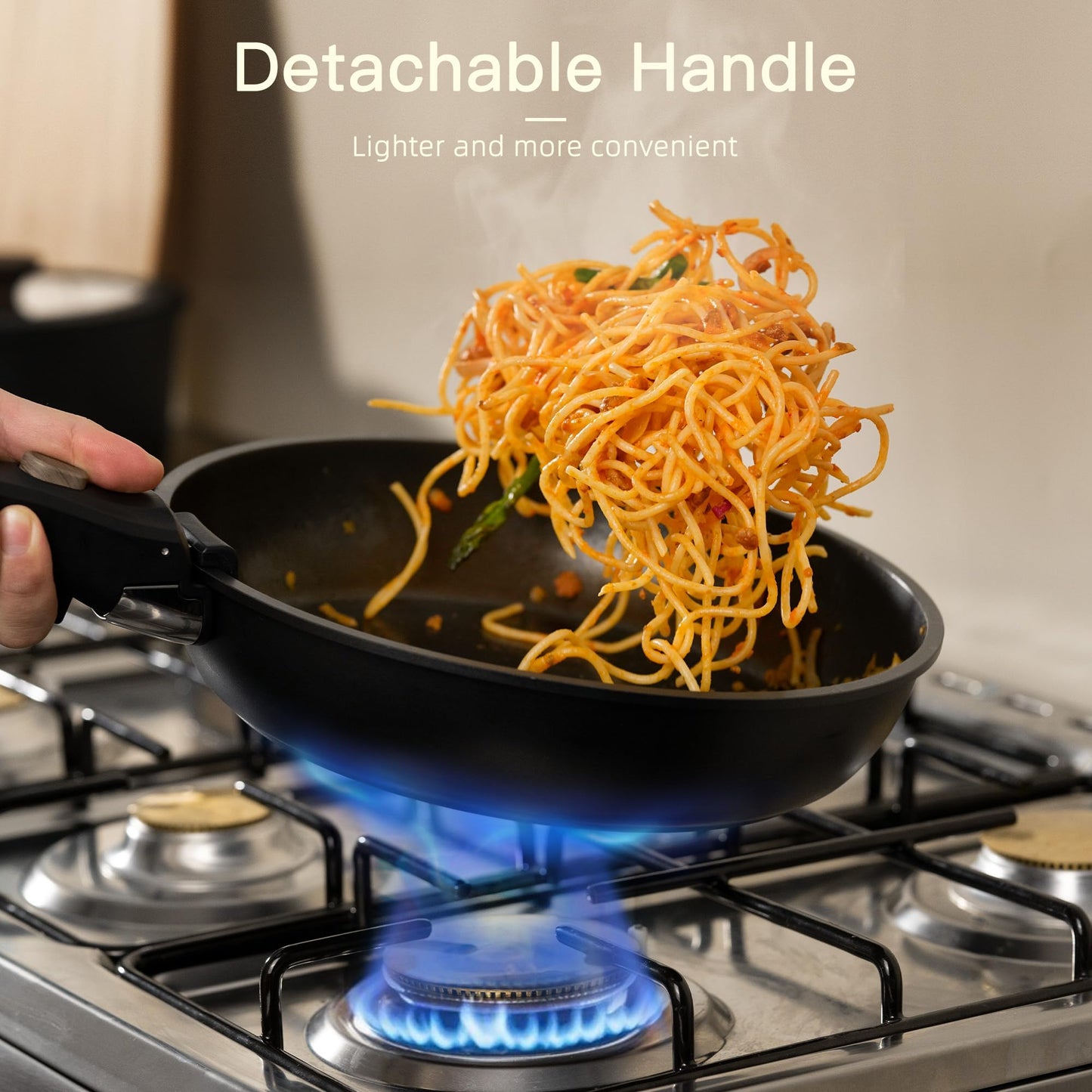 Non Stick RV Pots and Pans Ceramic Kitchen Cookware Set with Detachable/Removable Handle, Oven Safe, Induction Ready, Stackable, Black