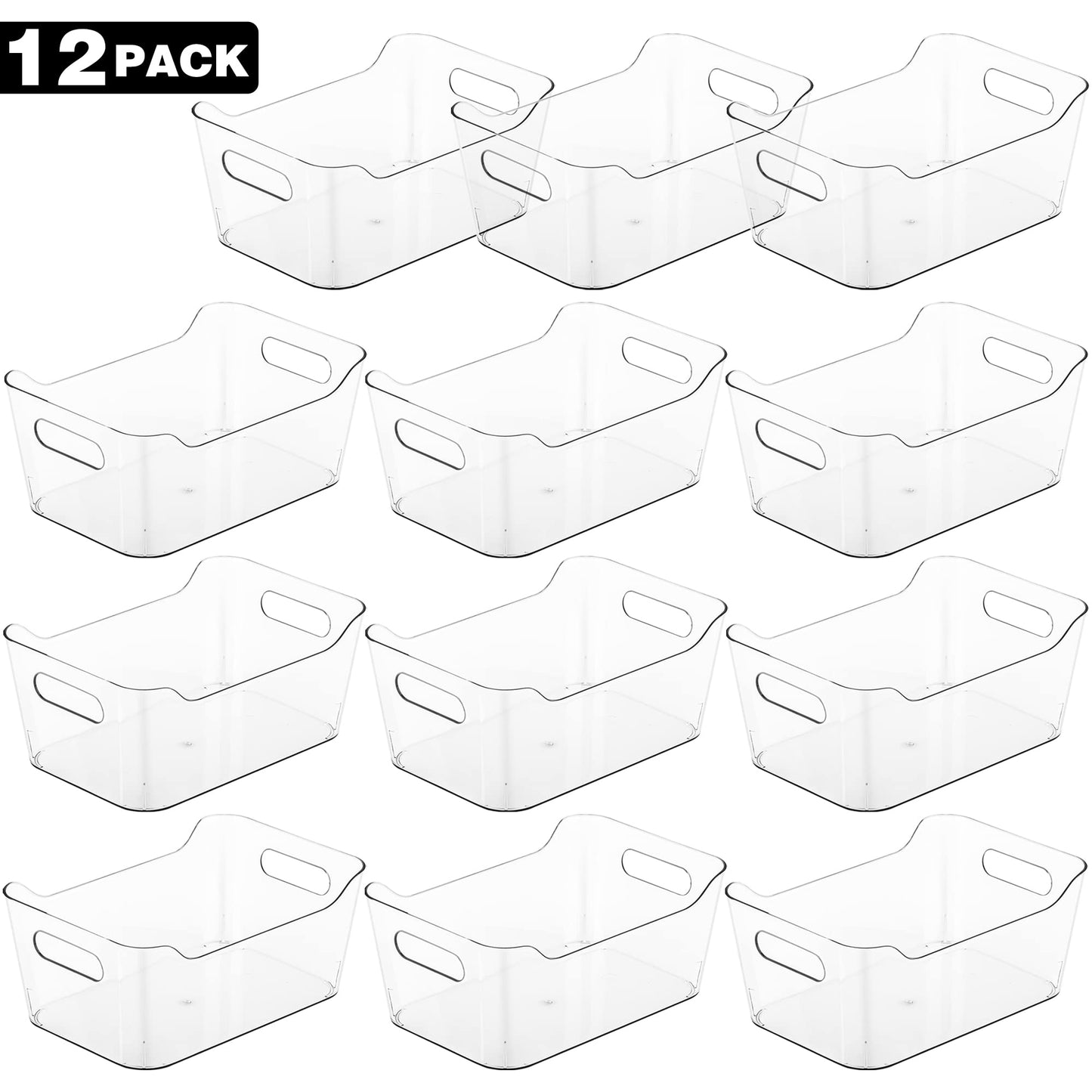 12 Pack Plastic Storage Bins, Multi-Use Organizer Bins, Pantry Organizer, Clear Storage Containers for Home, Kitchen, Office, Cabinet, Shelf and Fridge Organization