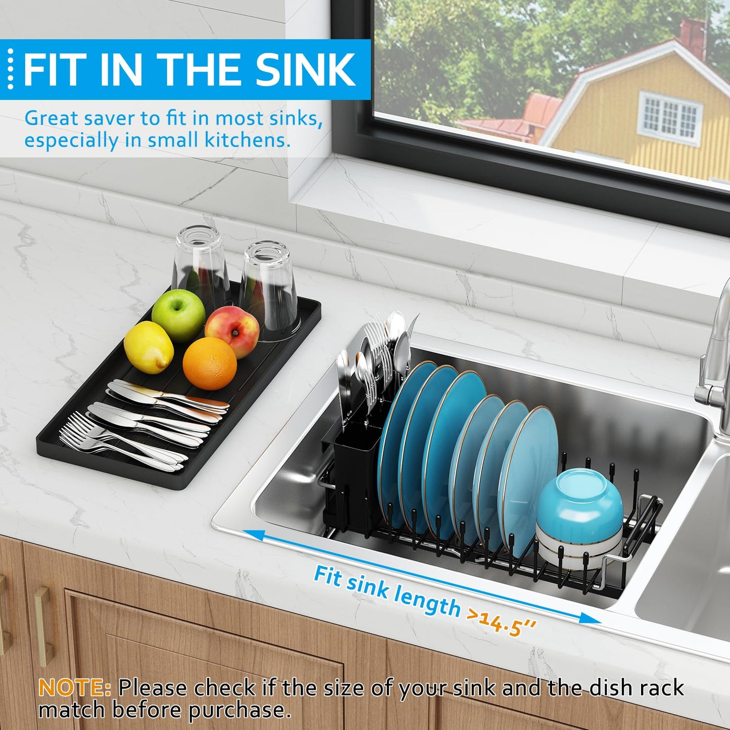 Sink Dish Drying Rack - Expandable Small Dish Rack Over Sinks with Silicone Drying Tray, Dish Drainer for Kitchen Counter with Cutlery Holder, Drying Rack Fit for 14’’-19’’ Kitchen Sink