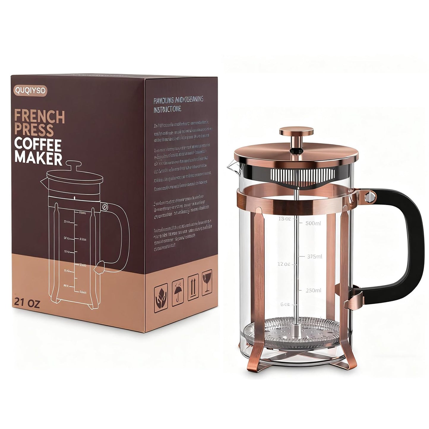 Coffee Maker 304 Stainless Steel French Press with 4 Filter, Heat Resistant Durable, Easy to Clean, Borosilicate Glass Coffee Press, 100% BPA Free Teapot, 21 ounce, copper