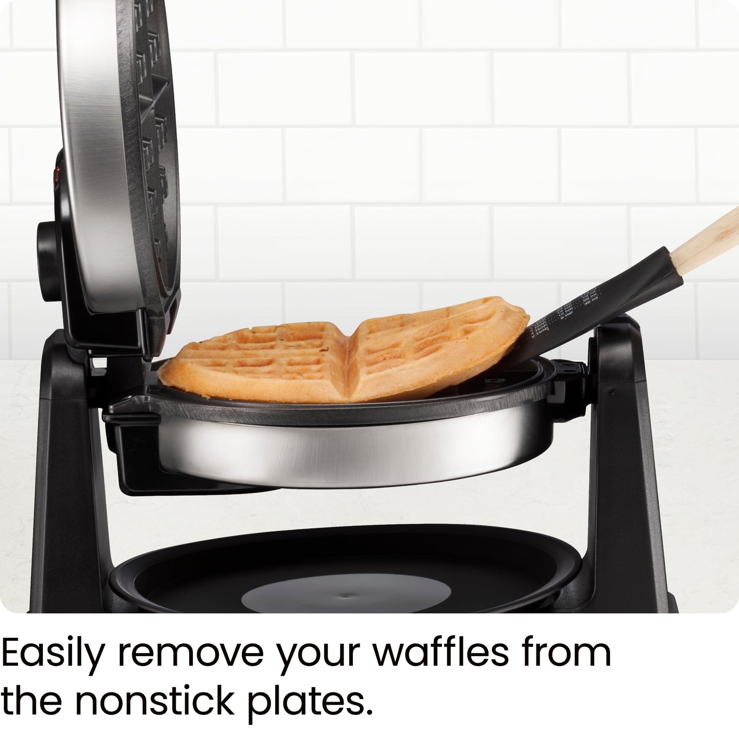 Rotating Belgian Waffle Maker, 180° Flip Iron w/ Non-Stick Plates, Adjustable Timer, Locking Lid, & Drip Plate, Space Saving Storage, Mess-Free Breakfast, Stainless Steel