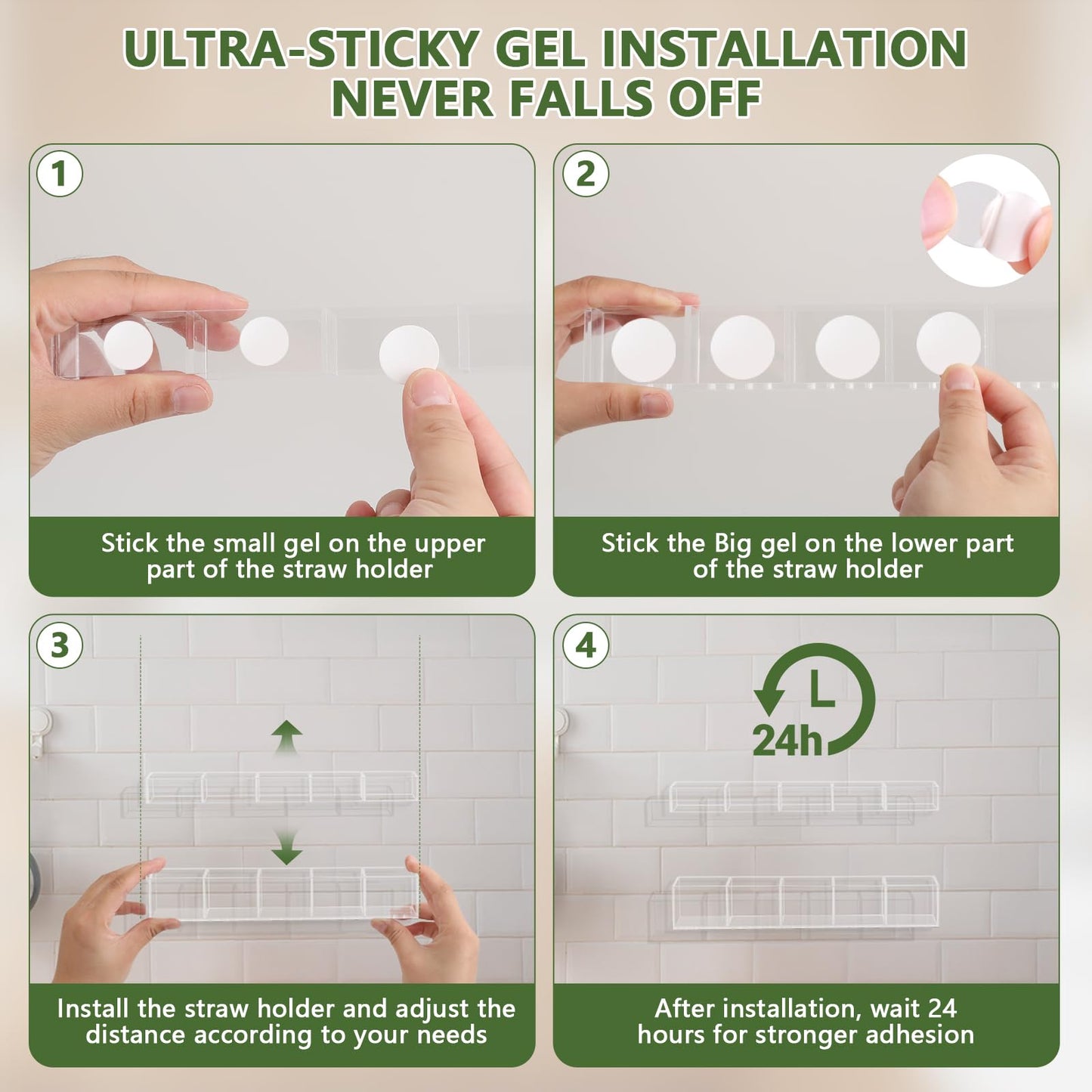 9.5” Large Acrylic Straw Holder for Cabinet Door - Reusable Tumbler Straw Organizer Storage, Small Kitchen Accessories Container, Ultra Sticky Cupboard Door Mounted