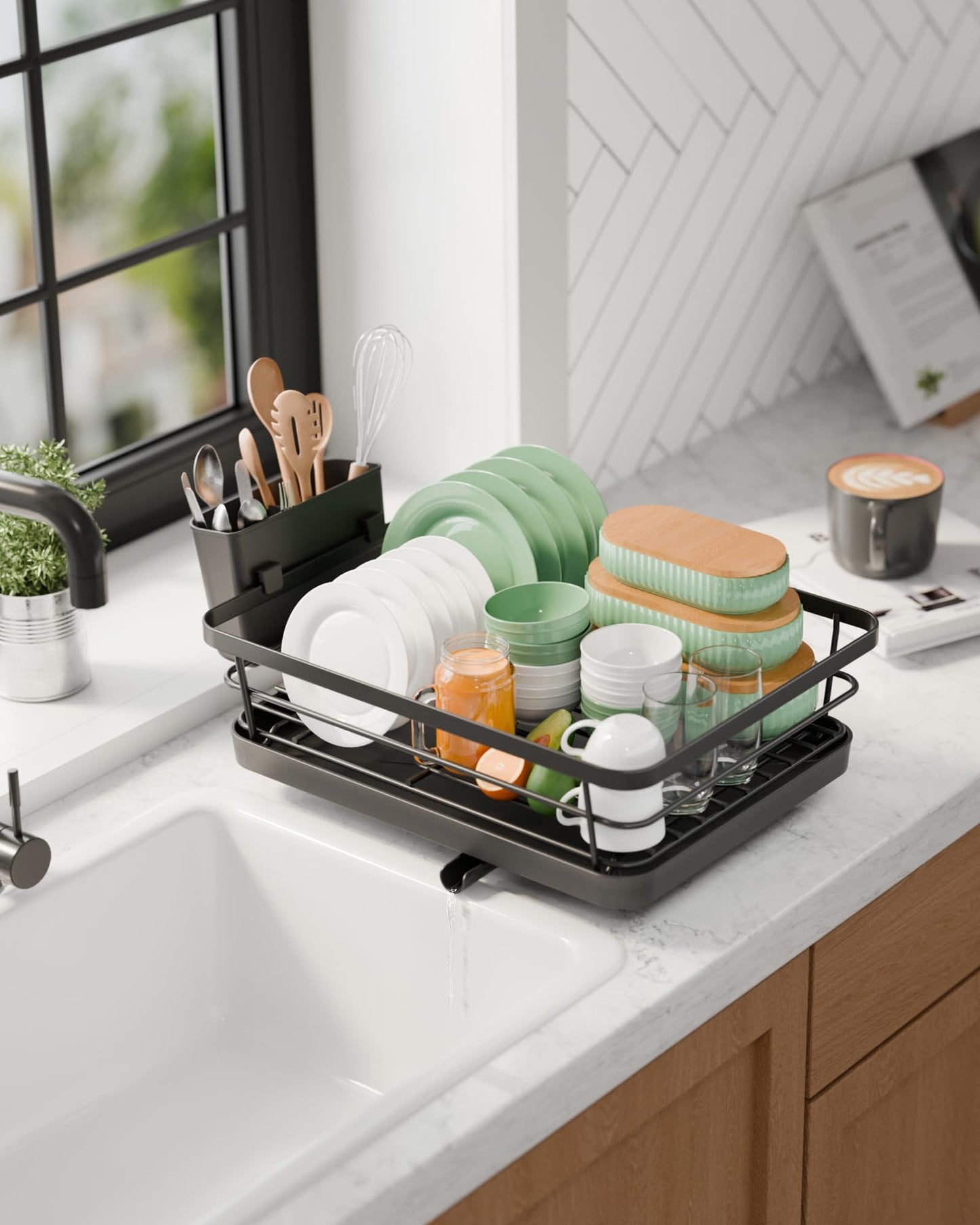 Dish Drying Rack for Kitchen Counter, Stainless Steel Sink Organization and Storage Essentials with Cutlery Holder, Home and Appartment Decor, 12''W x 15.5''L