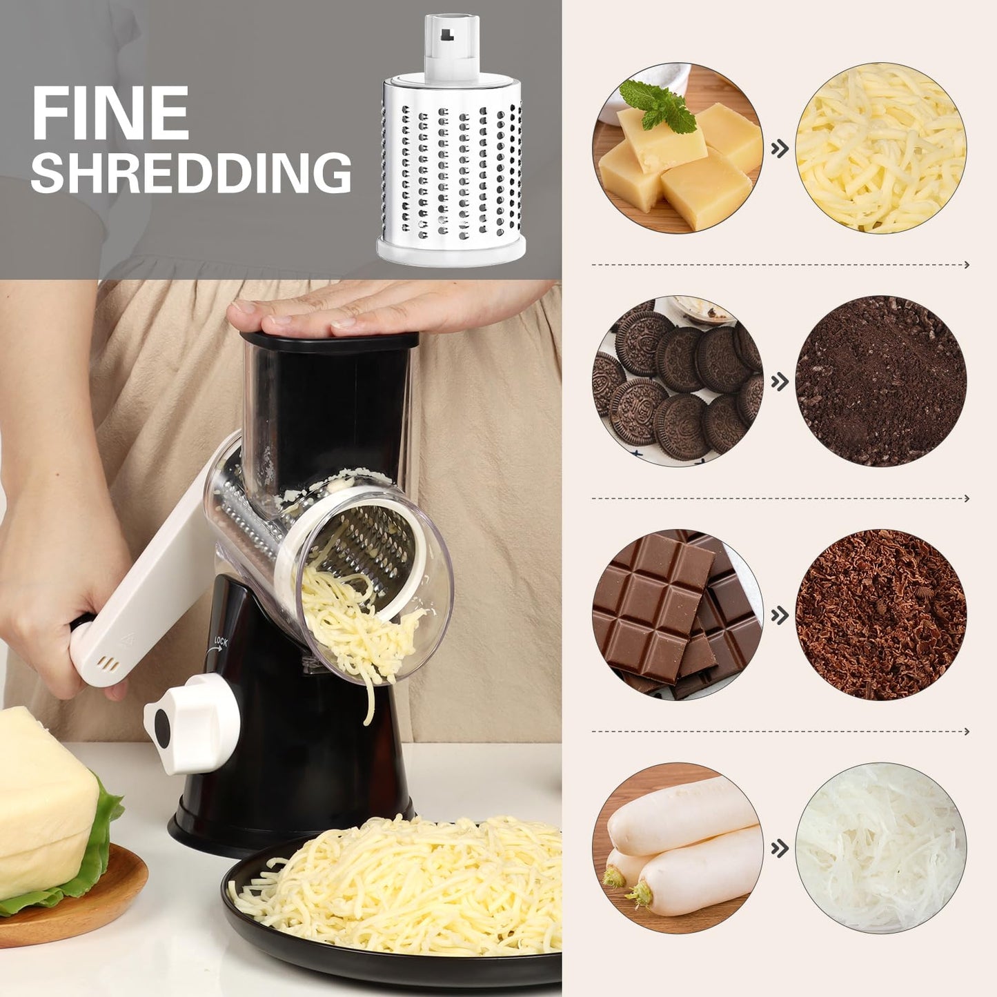 Rotary Cheese Grater Hand Crank Cheese Shredder for Fresh Cheese, Vegetable, Nuts,Non-slip Suction Base, Free Cleaning Brush Three Blades