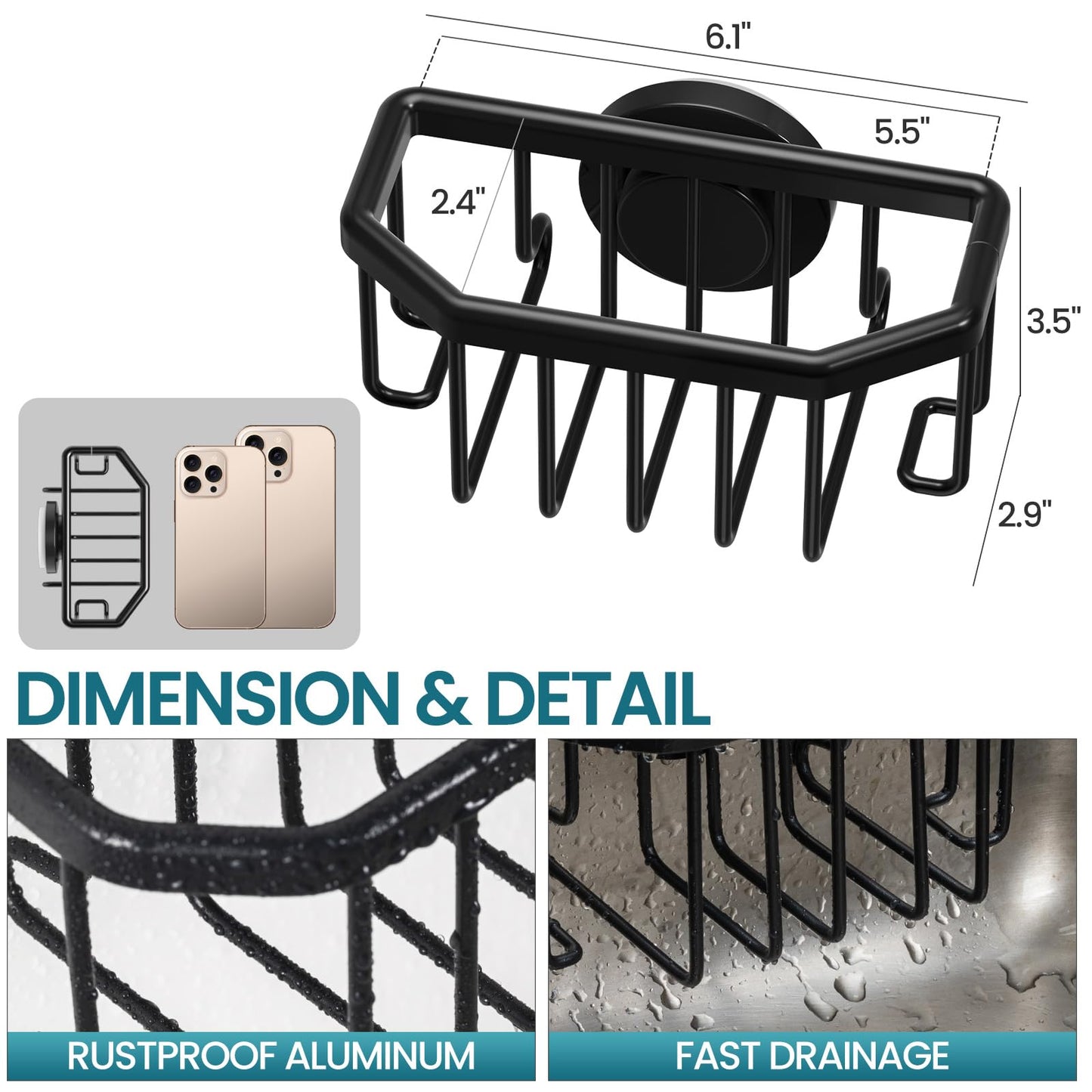 Sponge Holder with Strong Suction Cup, Dish Sponge Caddy Inside Sink Removable, Rustproof Aluminum for Sponges, Brushes, Stoppers and Scrapers