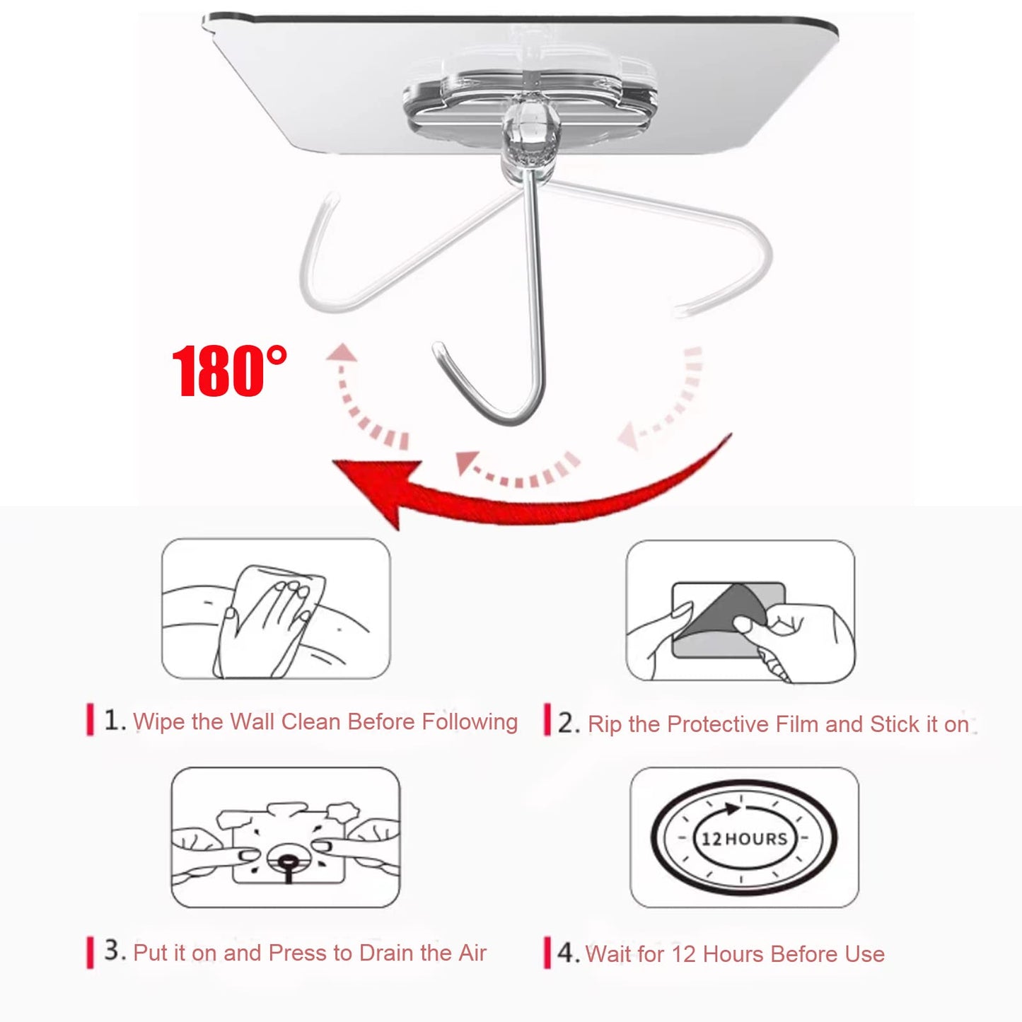 24 Packs Hooks for Hanging 50lb Wall Hooks Transparent Reusable Waterproof Adhesive Hook for Kitchen Curtain, Towel Hook for Bathrooms, Heavy Duty Self Coat Hook for Walls No Damage