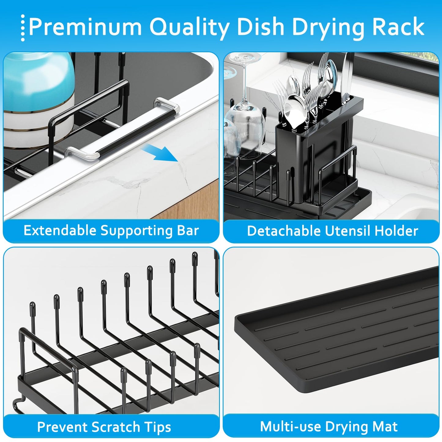 Sink Dish Drying Rack - Expandable Small Dish Rack Over Sinks with Silicone Drying Tray, Dish Drainer for Kitchen Counter with Cutlery Holder, Drying Rack Fit for 14’’-19’’ Kitchen Sink