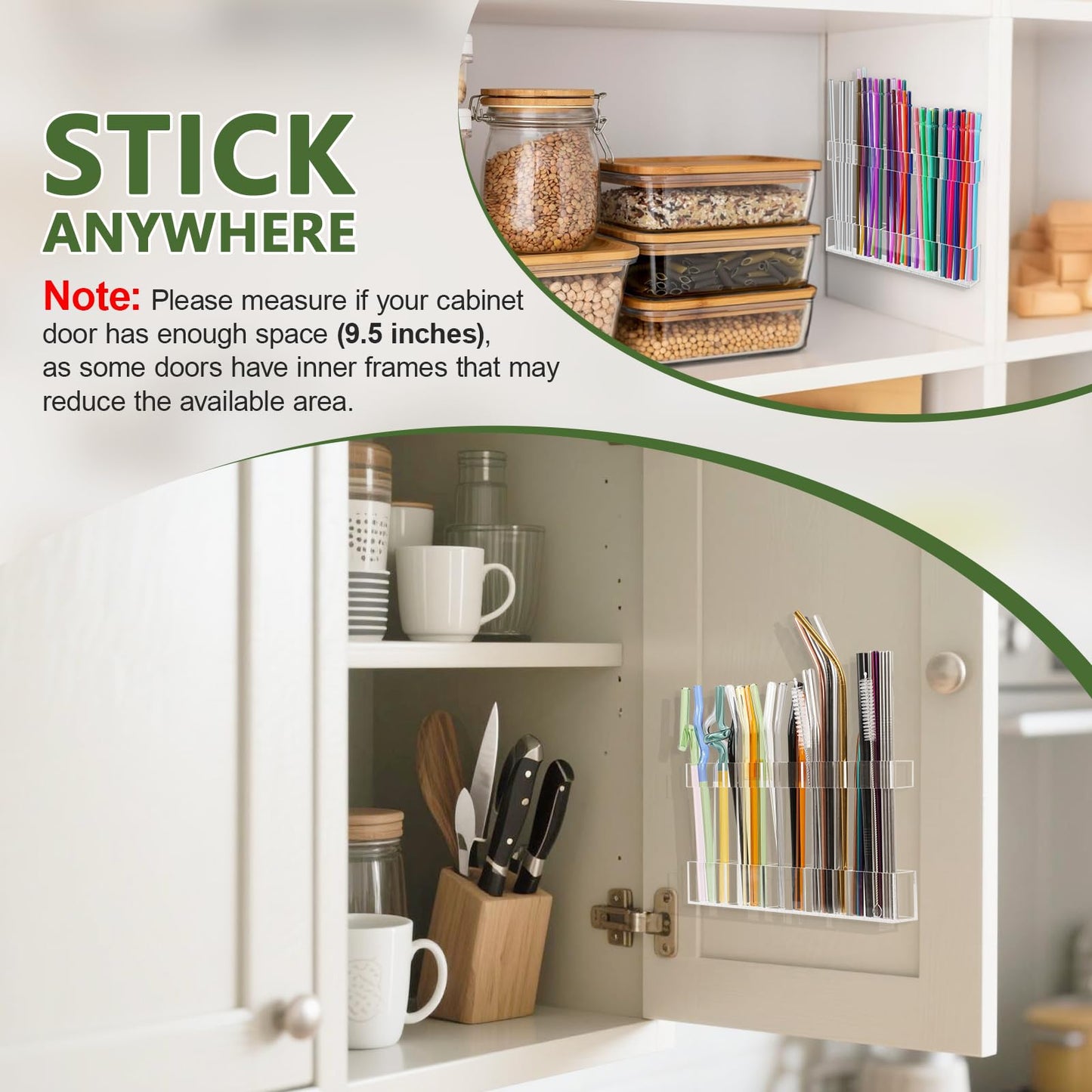 9.5” Large Acrylic Straw Holder for Cabinet Door - Reusable Tumbler Straw Organizer Storage, Small Kitchen Accessories Container, Ultra Sticky Cupboard Door Mounted