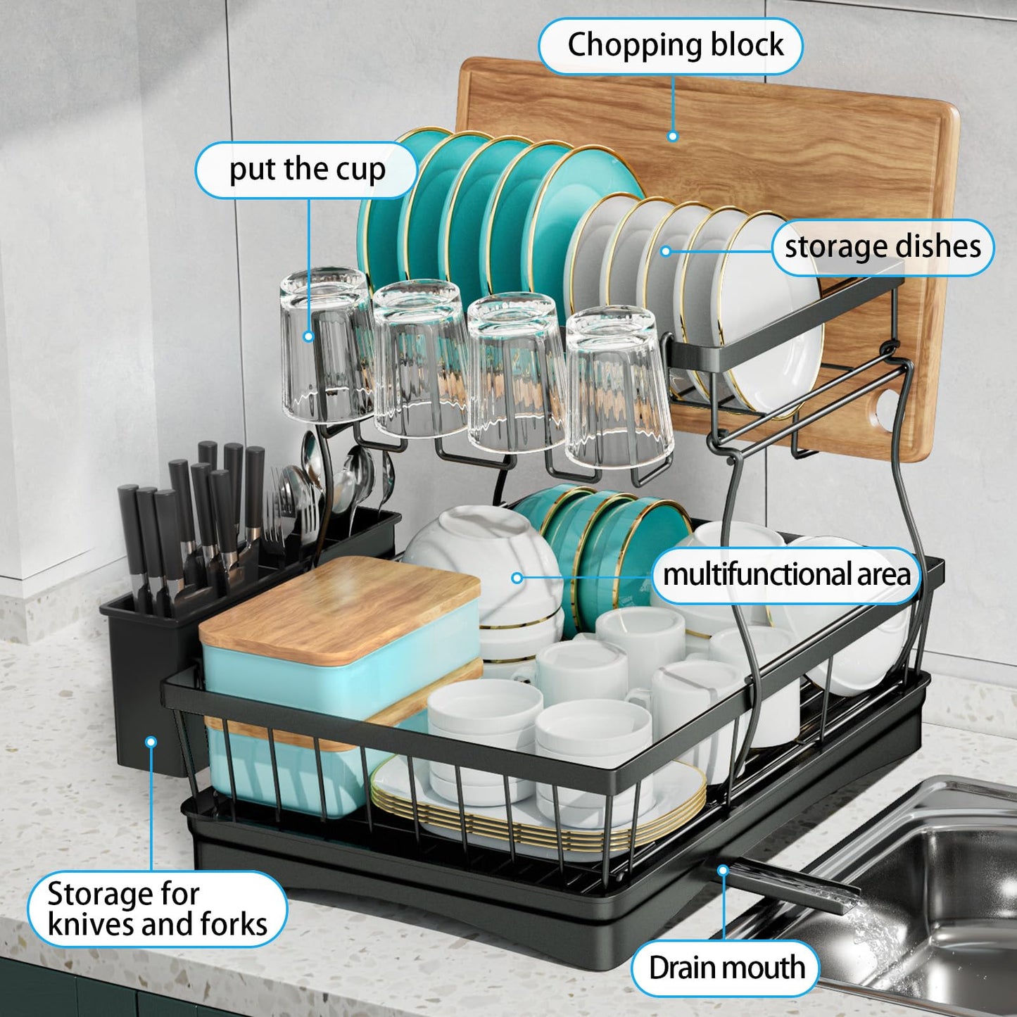 Large Dish Drying Rack for Kitchen Counter, Detachable Large Capacity Dish Drainer Organizer, 2-Tier Dish Racks with Utensil Holder