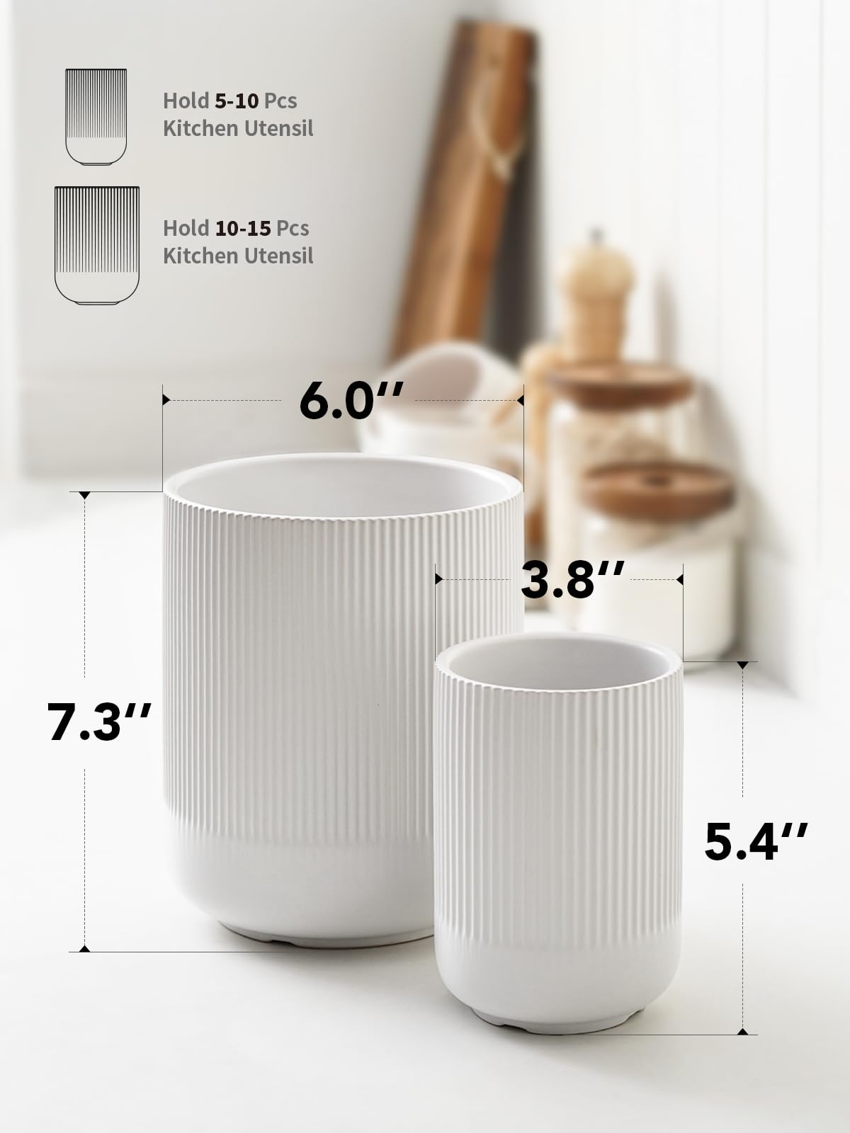 Utensil Holder, 7.3"+5.4" Ceramic Kitchen Utensil Holder for Countertop, Large Cooking Utensil Crocks for Kitchen Counter Decor, Morden Utensil Organizer for Spatula, Set of 2, White