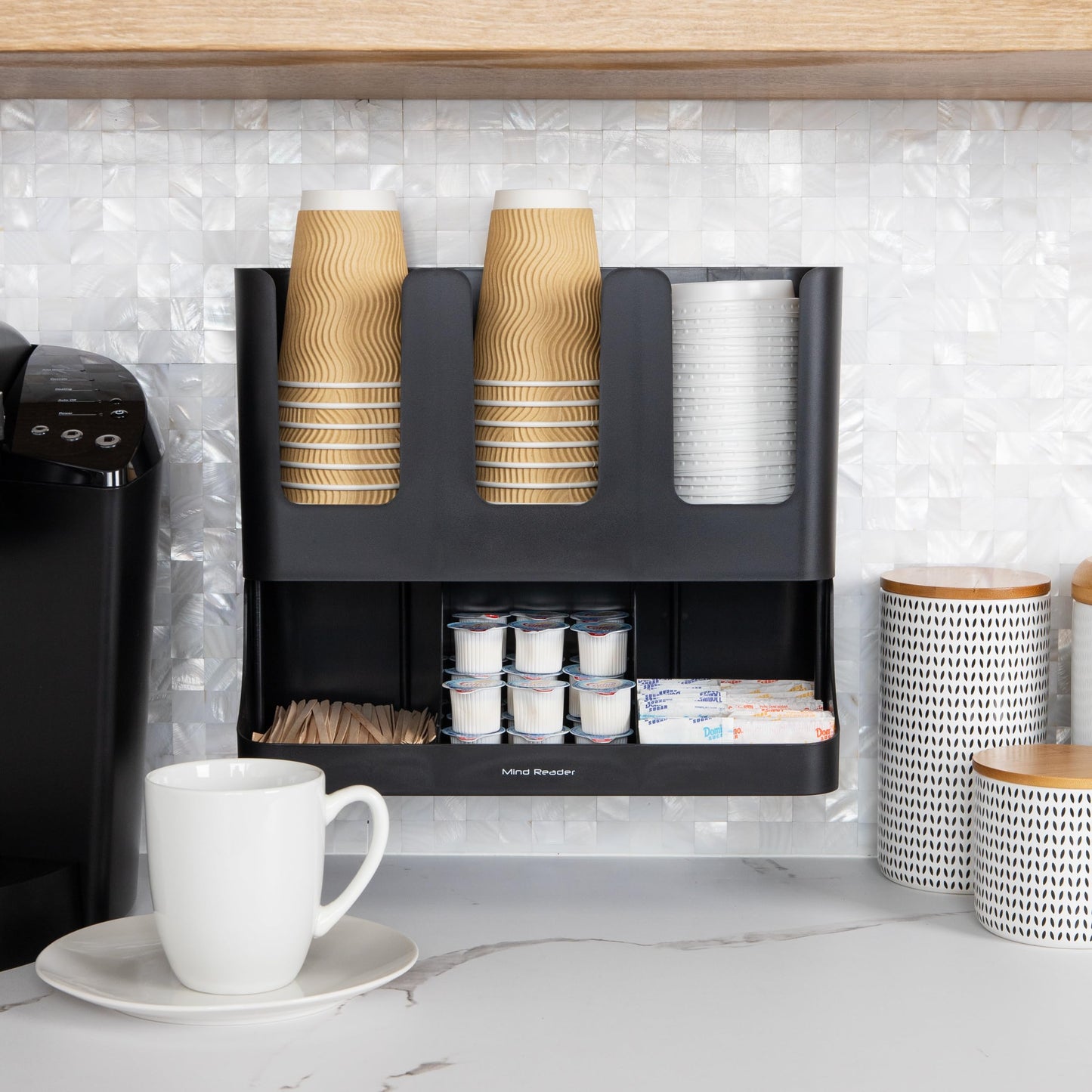 6 Compartment Upright Breakroom Coffee Condiment and Cup Storage Organizer