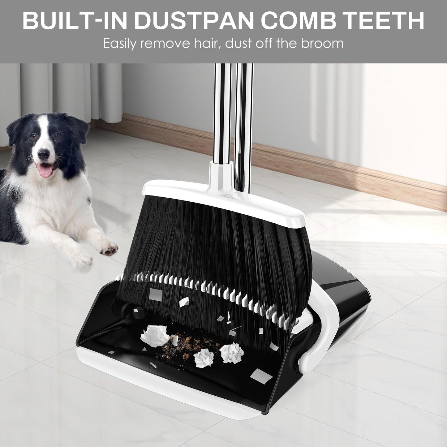 Broom and Dustpan Set for Home, 51-in Long Adjustable Handle Angle Broom and Dustpan Combo Set with Dust Pan Teeth to Clean Hair for Home Kitchen Office Lobby Floor Garden