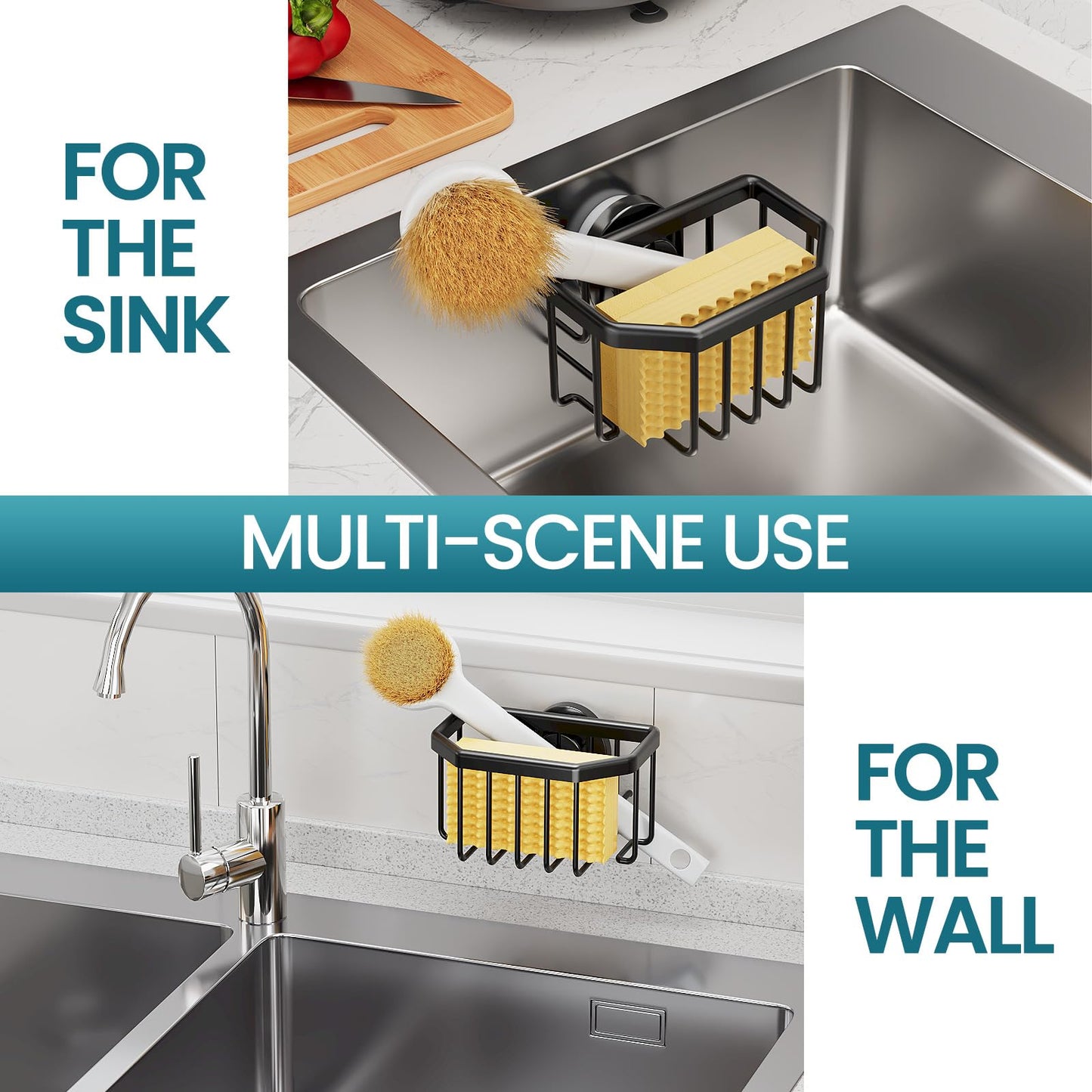 Sponge Holder with Strong Suction Cup, Dish Sponge Caddy Inside Sink Removable, Rustproof Aluminum for Sponges, Brushes, Stoppers and Scrapers