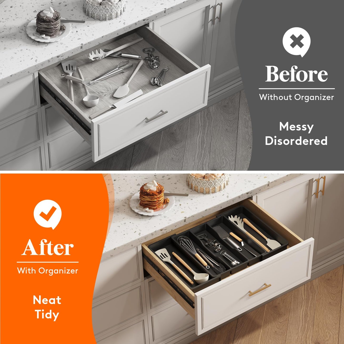 Utensil Organizer for Kitchen Drawers, Expandable Cooking Utensil Tray, Adjustable Cutlery Silverware Flatware Holder, Plastic Kitchen Spatula Tools and Gadgets Storage Divider, Large