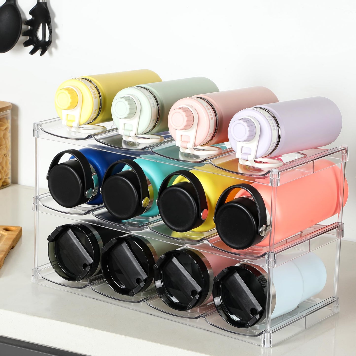 LARGER Compartment - 3 Tier Stackable Water Bottle Organizer Holder - for Stanley 40oz & Others' Large Tumbler - Clear Wine Rack, 12 Cup Bottle Holder for Cabinet Home Countertop Fridge Pantry Shelf