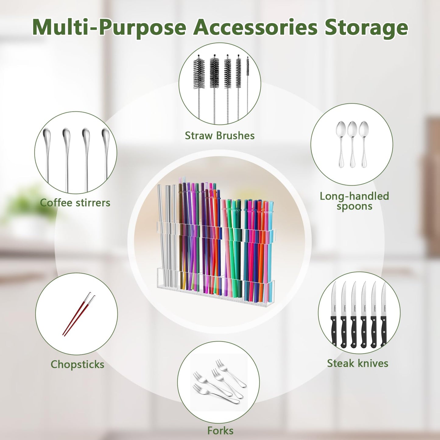 9.5” Large Acrylic Straw Holder for Cabinet Door - Reusable Tumbler Straw Organizer Storage, Small Kitchen Accessories Container, Ultra Sticky Cupboard Door Mounted