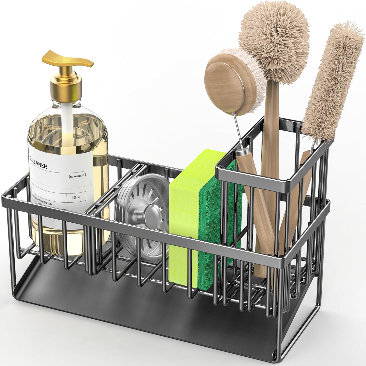 Kitchen Sink Caddy Organzier with High Brush Holder, Sponge Holder for Sink, 304 Rustproof Stainless, Kitchen Countertop Soap Dispenser Organizer, Kitchen Decor and Accessories