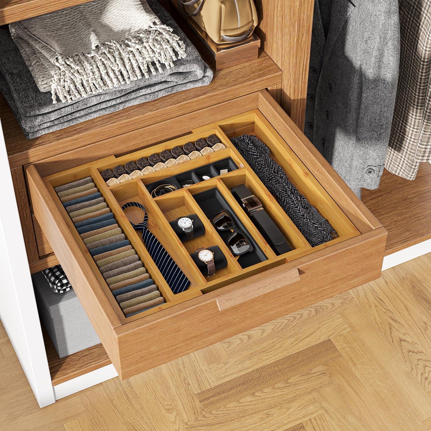 Bamboo Silverware Organizer, Expandable Cutlery Tray, Utensil Drawer Organizer in Kitchen for Spoons Forks Knives, Multipurpose Use, Natural, Large