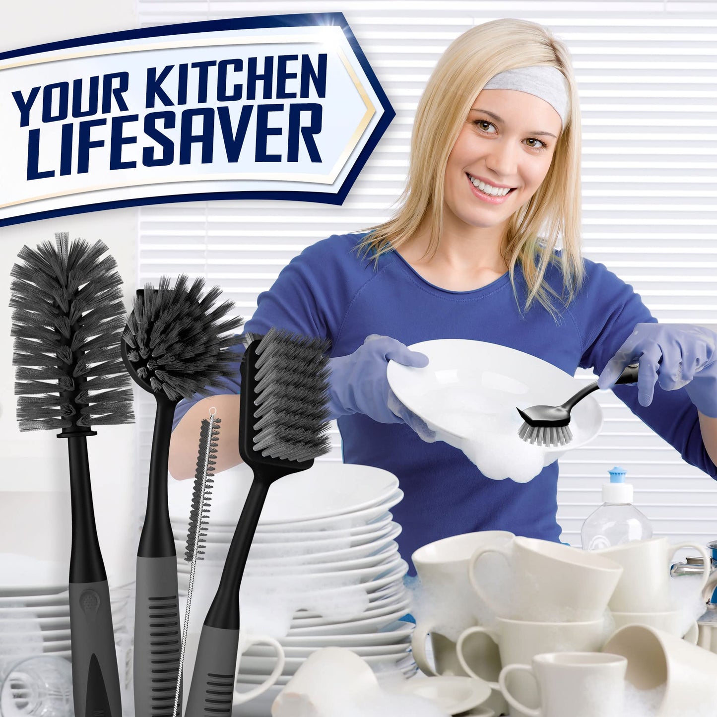 Dish Brush Set of 4 with Bottle Water Brush, Dish Scrub Brush, Scrubber Brush and Straw Brush - Kitchen Scrub Brushes Ergonomic Non Slip Long Handle for Cleaning Cleaner Wash Dish Sink Dishes Cup Pot