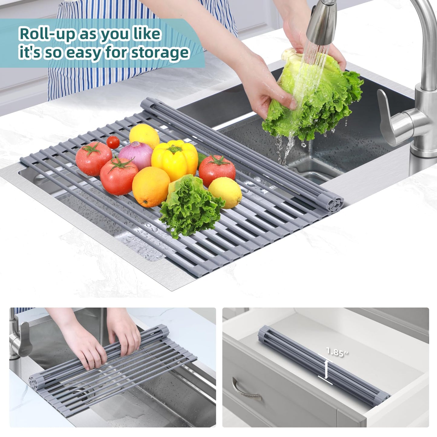 Over Sink Dish Drying Rack, Silicone Wrapped 17.6" W x 15.4" L Large Over The Sink Roll Up Dish Drainer - Foldable Sink Drying Rack Rolling Drain Mats Anti-Slip Multipurpose for Kitchen Counter