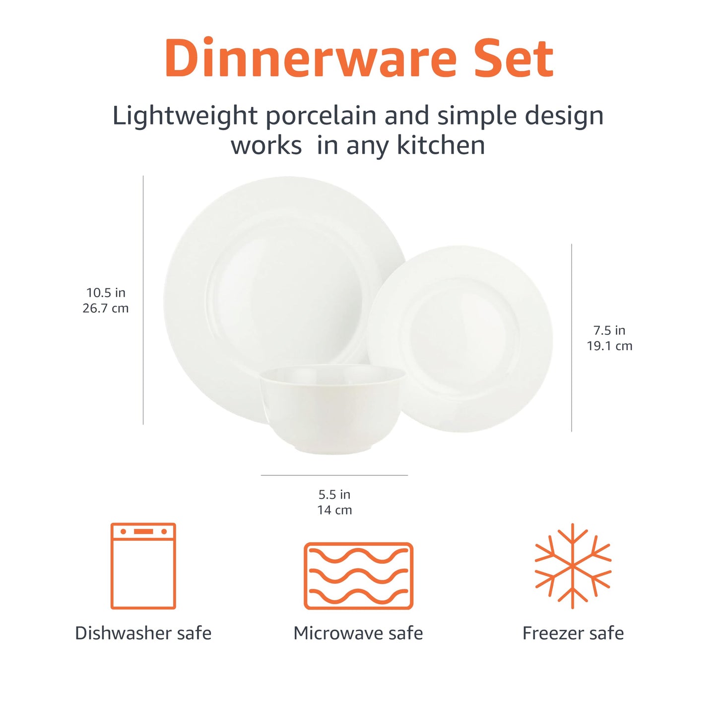 Kitchen Dinnerware Set, Microwave and Dishwasher Safe, Plates, Bowls, Service for 6, 18-Piece,
