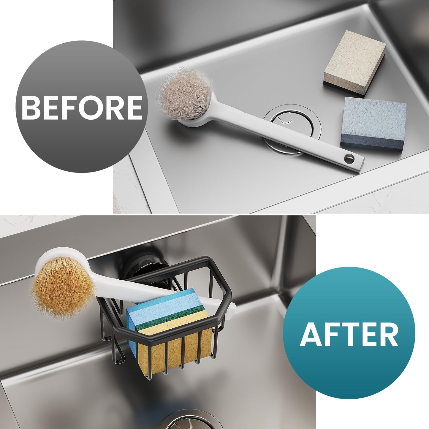 Sponge Holder with Strong Suction Cup, Dish Sponge Caddy Inside Sink Removable, Rustproof Aluminum for Sponges, Brushes, Stoppers and Scrapers