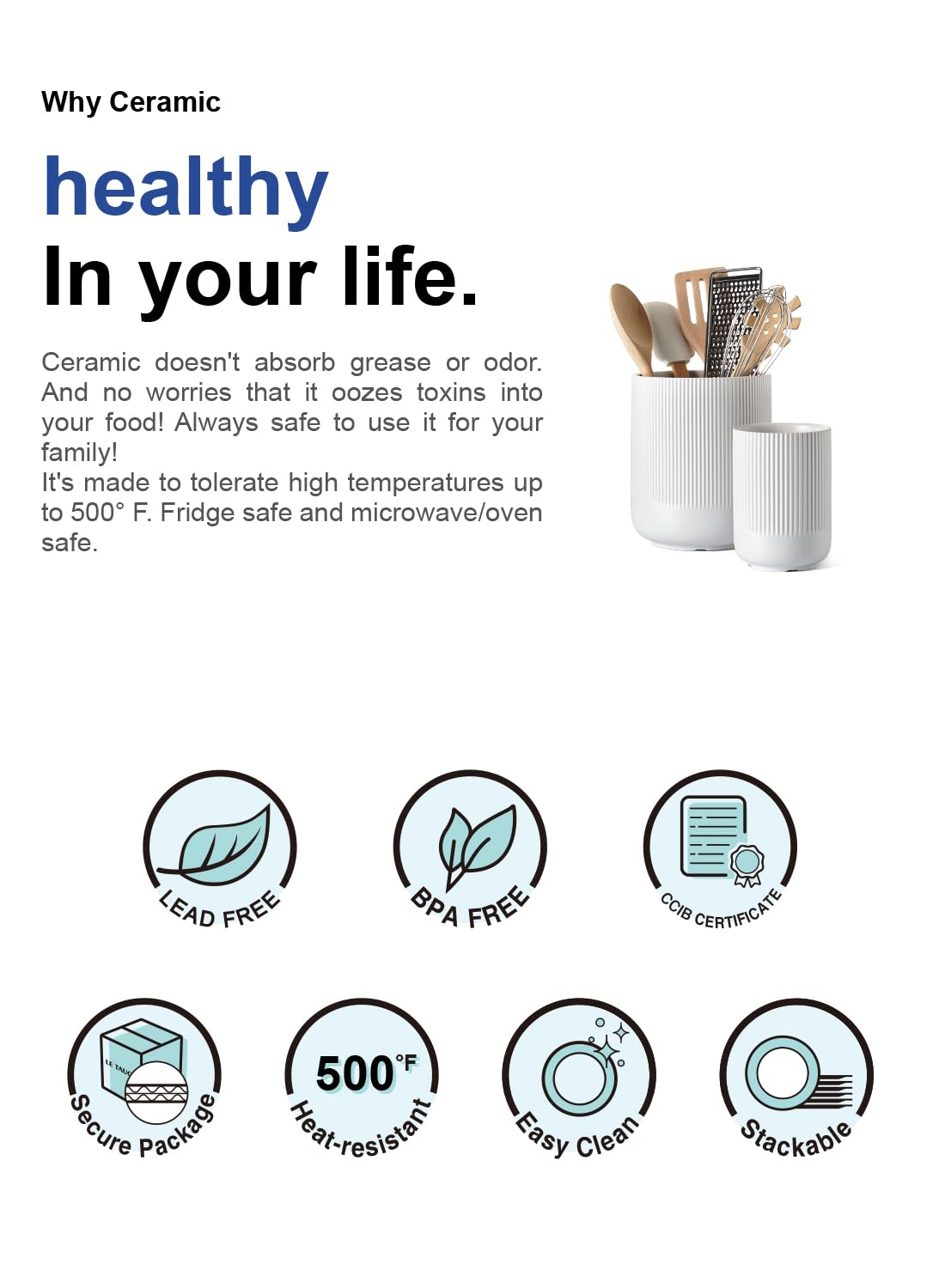 Utensil Holder, 7.3"+5.4" Ceramic Kitchen Utensil Holder for Countertop, Large Cooking Utensil Crocks for Kitchen Counter Decor, Morden Utensil Organizer for Spatula, Set of 2, White