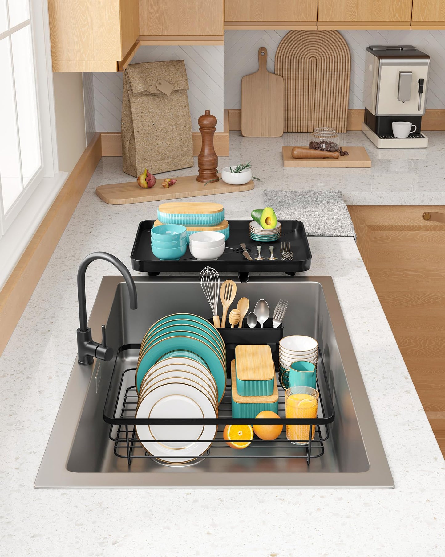 Stainless Steel Dish Drying Rack for Kitchen Counter, Sink Organization and Storage Essentials with Silverware & Utensil Holder, Home and Apartment Decor, 12''W x 15.6''L