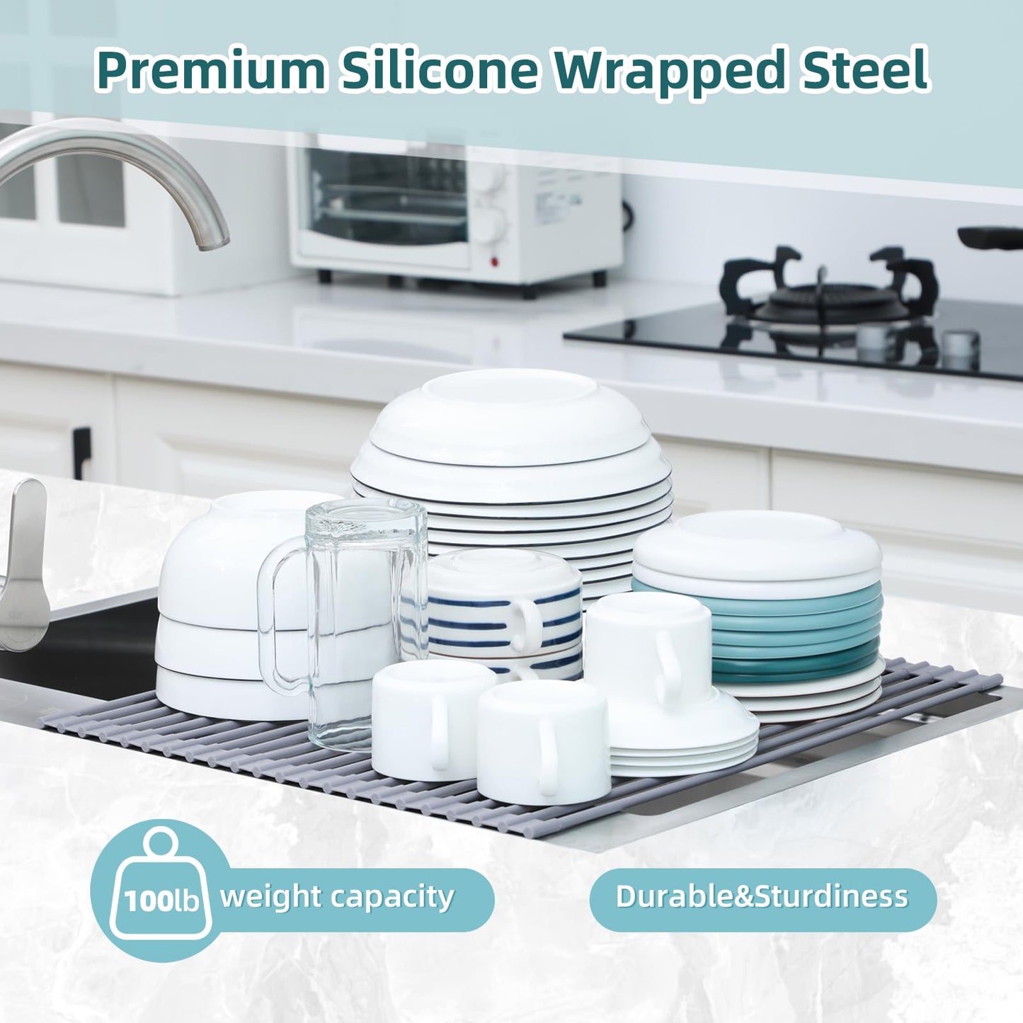 Over Sink Dish Drying Rack, Silicone Wrapped 17.6" W x 15.4" L Large Over The Sink Roll Up Dish Drainer - Foldable Sink Drying Rack Rolling Drain Mats Anti-Slip Multipurpose for Kitchen Counter