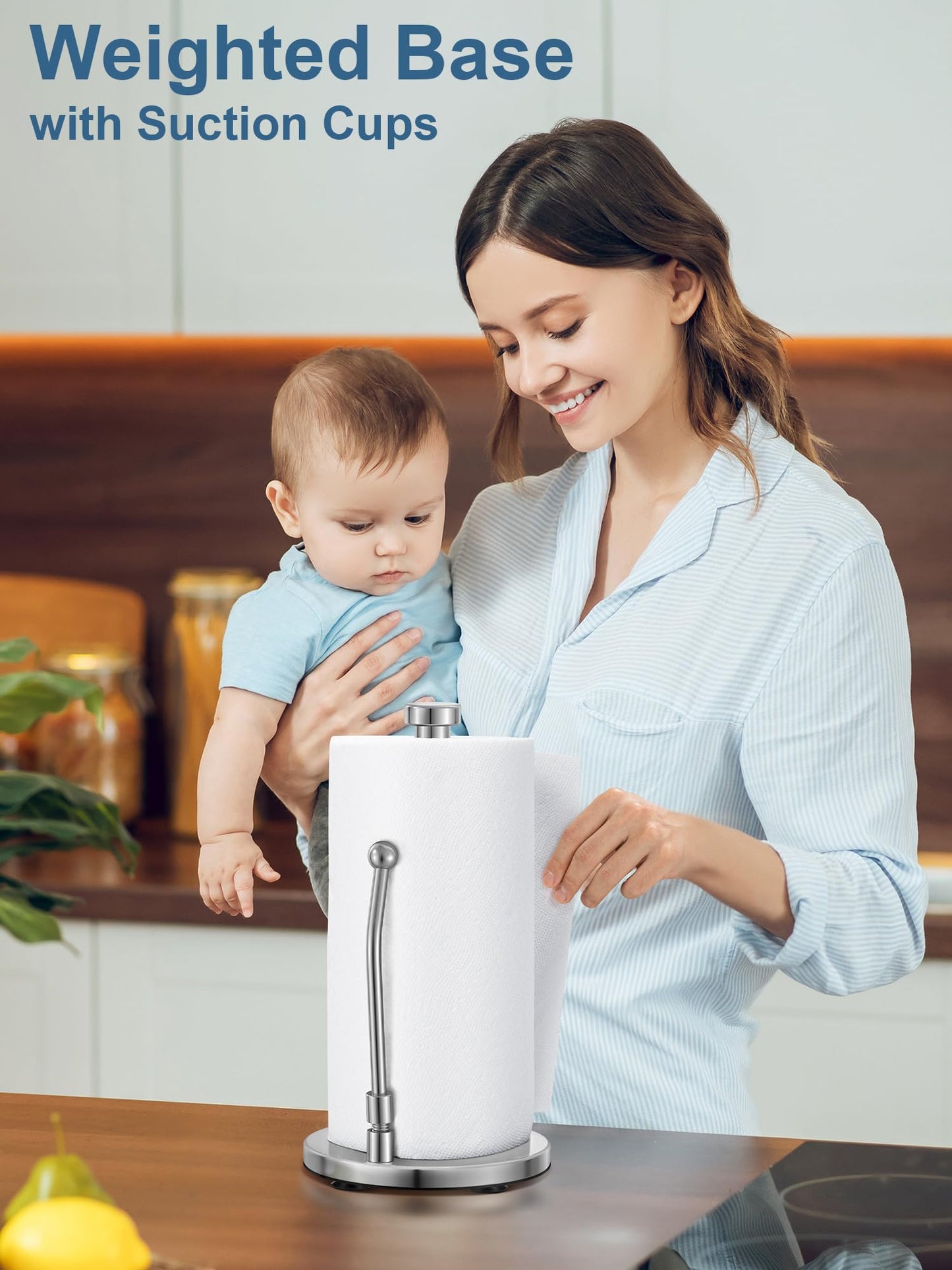 Paper Towel Holder, Paper Towel Dispenser Standing Weighted Base Non Slip, Spring Arm for Easy Tear, Stainless Steel Paper Towel Holder for Home Kitchen Countertop Tabletop, Silver