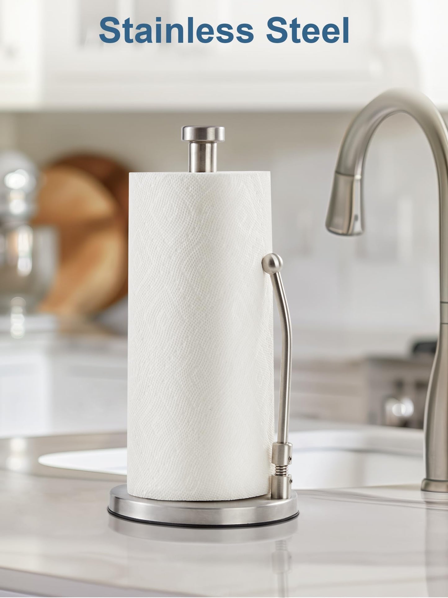 Paper Towel Holder, Paper Towel Dispenser Standing Weighted Base Non Slip, Spring Arm for Easy Tear, Stainless Steel Paper Towel Holder for Home Kitchen Countertop Tabletop, Silver