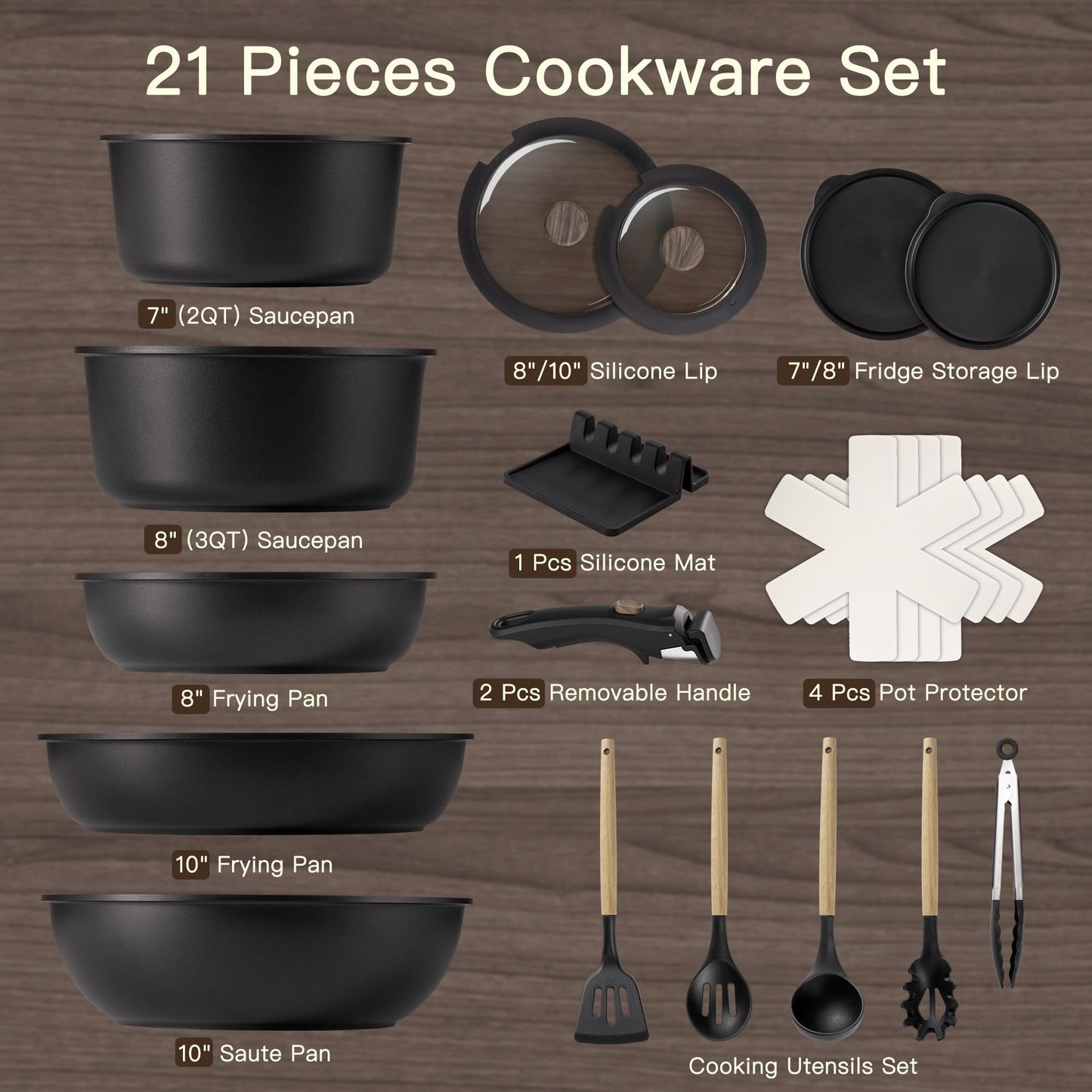 Non Stick RV Pots and Pans Ceramic Kitchen Cookware Set with Detachable/Removable Handle, Oven Safe, Induction Ready, Stackable, Black