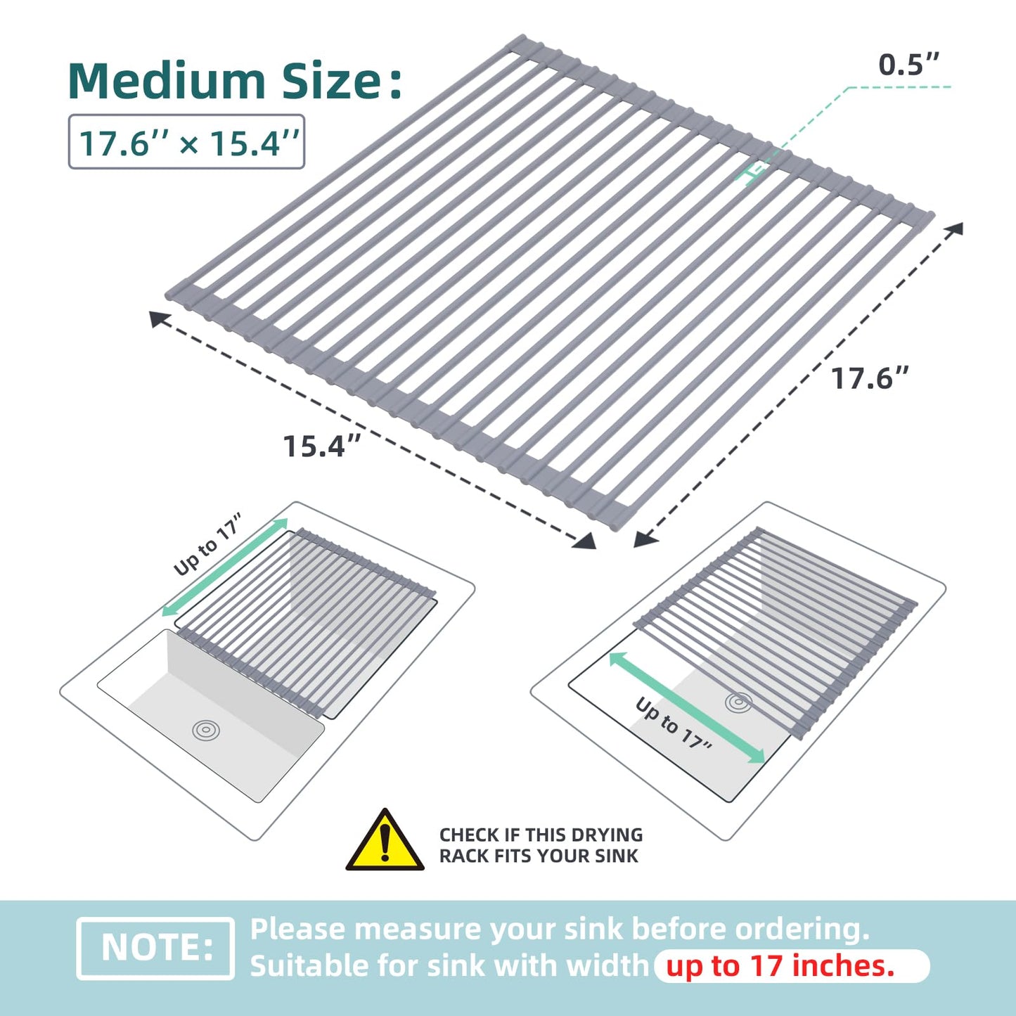 Over Sink Dish Drying Rack, Silicone Wrapped 17.6" W x 15.4" L Large Over The Sink Roll Up Dish Drainer - Foldable Sink Drying Rack Rolling Drain Mats Anti-Slip Multipurpose for Kitchen Counter